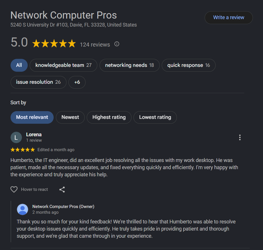Network Computer Pros Google reviews from satisfied business clients