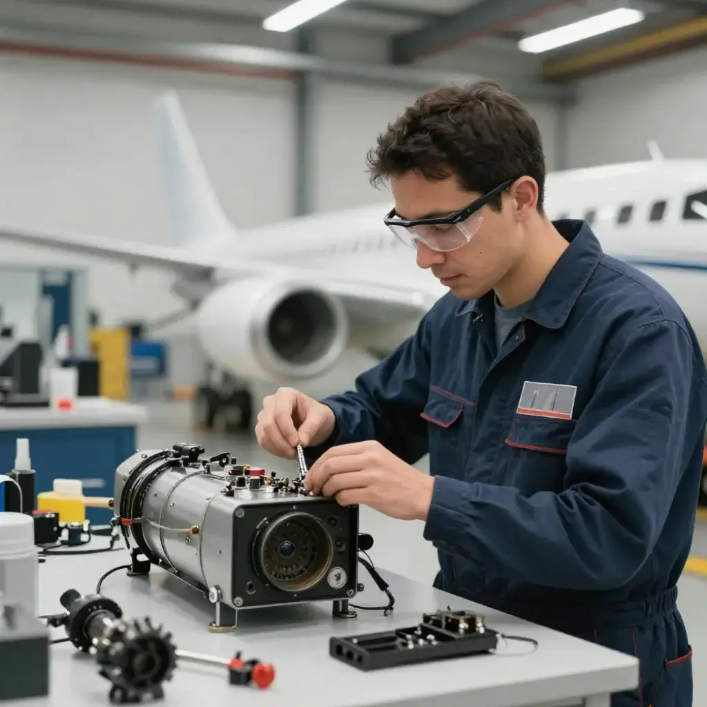Mechanic providing maintenance to an aircraft part